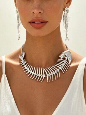 Luxury Editorial Fishbone Statement Necklace and Matching Earrings Set